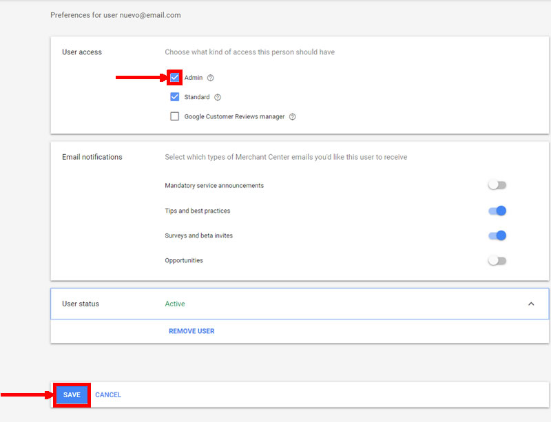 Permiso de administrador en Usuarios Google Merchant Center