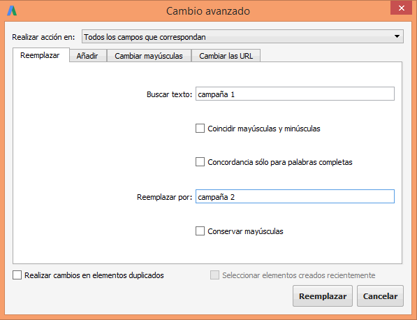 Cuadro de diálogo para reemplazar texto en Google Ads Editor