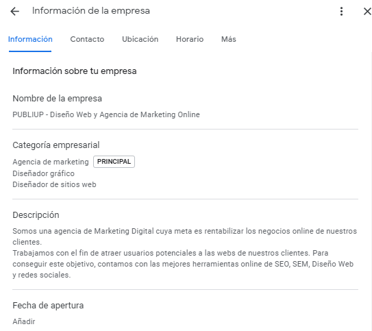 Información de la empresa en Google My Business